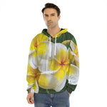 White And Yellow Plumeria Flower Print Men's Velvet Pullover Hoodie
