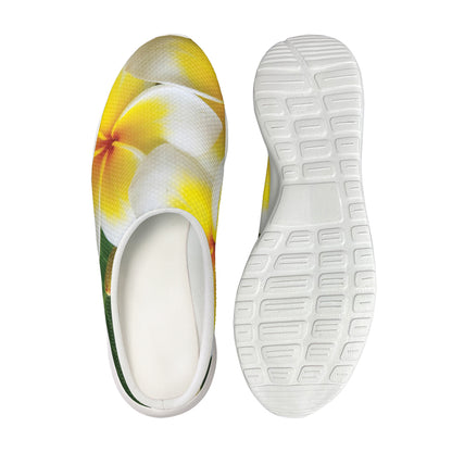 White And Yellow Plumeria Flower Print Mesh Casual Shoes