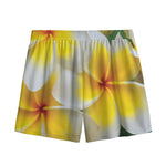 White And Yellow Plumeria Flower Print Mesh Shorts