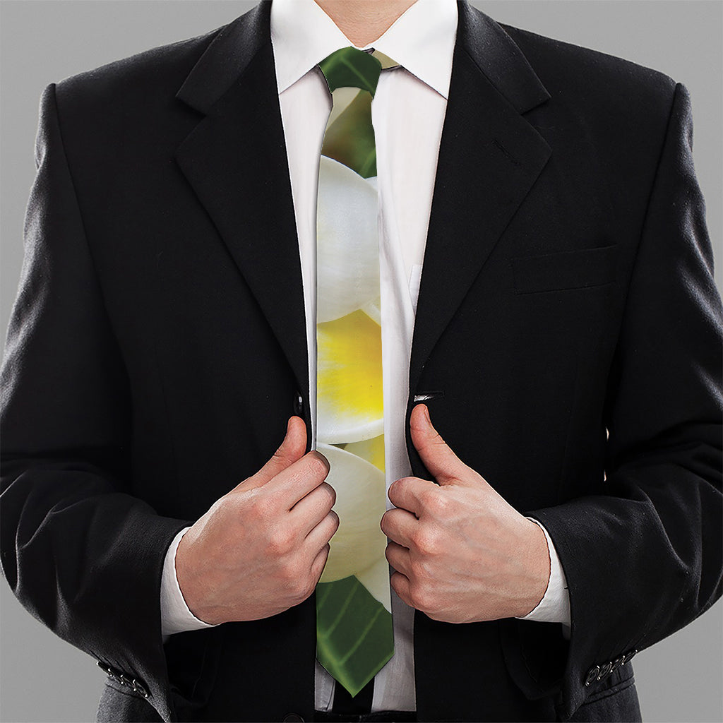 White And Yellow Plumeria Flower Print Necktie