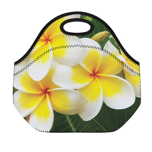 White And Yellow Plumeria Flower Print Neoprene Lunch Bag