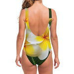 White And Yellow Plumeria Flower Print One Piece Swimsuit