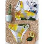 White And Yellow Plumeria Flower Print One Shoulder Bikini Top