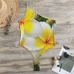 White And Yellow Plumeria Flower Print One Shoulder Bodysuit