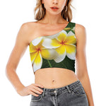 White And Yellow Plumeria Flower Print One Shoulder Crop Top