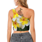 White And Yellow Plumeria Flower Print One Shoulder Crop Top