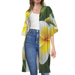 White And Yellow Plumeria Flower Print Open Front Beach Cover Up