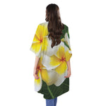 White And Yellow Plumeria Flower Print Open Front Beach Cover Up