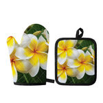 White And Yellow Plumeria Flower Print Oven Mitt And Pot Holder Set