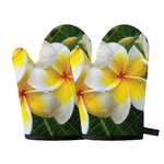 White And Yellow Plumeria Flower Print Oven Mitts