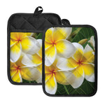 White And Yellow Plumeria Flower Print Pot Holders With Pocket