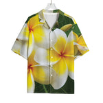 White And Yellow Plumeria Flower Print Rayon Hawaiian Shirt