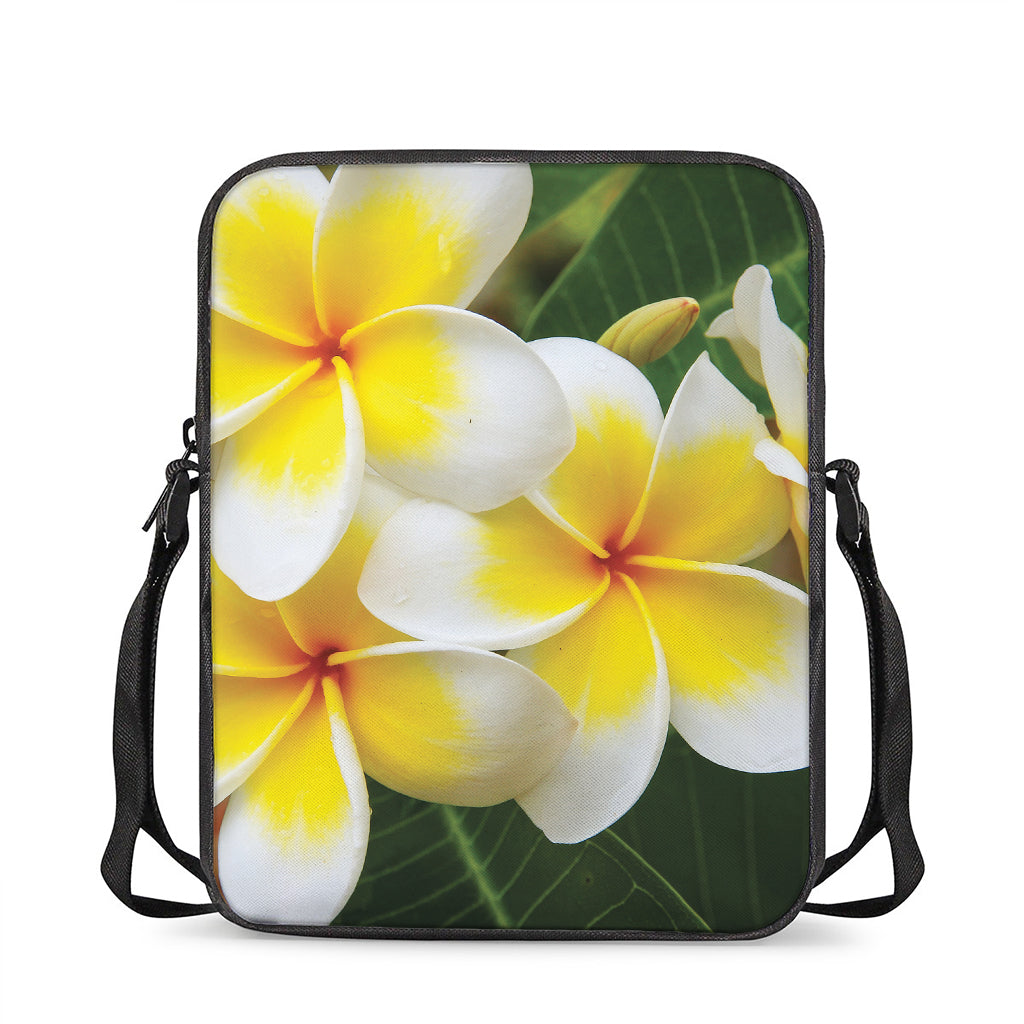 White And Yellow Plumeria Flower Print Rectangular Crossbody Bag