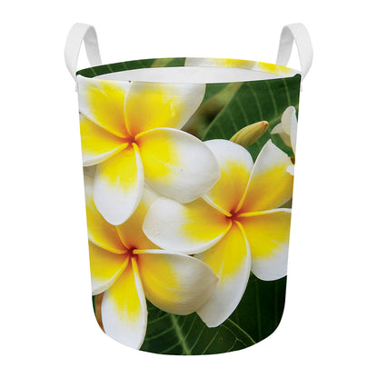 White And Yellow Plumeria Flower Print Round Laundry Basket