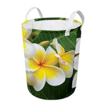 White And Yellow Plumeria Flower Print Round Laundry Basket