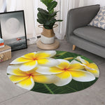 White And Yellow Plumeria Flower Print Round Rug