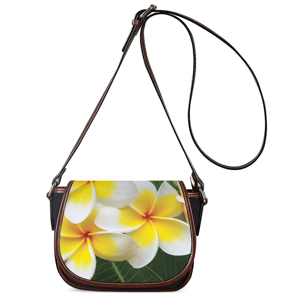 White And Yellow Plumeria Flower Print Saddle Bag