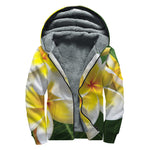 White And Yellow Plumeria Flower Print Sherpa Lined Zip Up Hoodie