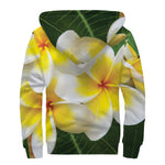 White And Yellow Plumeria Flower Print Sherpa Lined Zip Up Hoodie