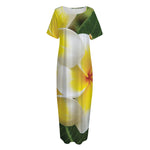 White And Yellow Plumeria Flower Print Short Sleeve Long Nightdress