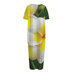 White And Yellow Plumeria Flower Print Short Sleeve Long Nightdress