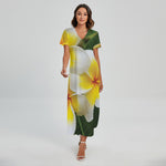 White And Yellow Plumeria Flower Print Short Sleeve Maxi Dress