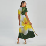 White And Yellow Plumeria Flower Print Short Sleeve Maxi Dress