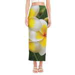 White And Yellow Plumeria Flower Print Side Slit Maxi Skirt