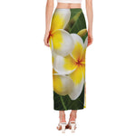 White And Yellow Plumeria Flower Print Side Slit Maxi Skirt