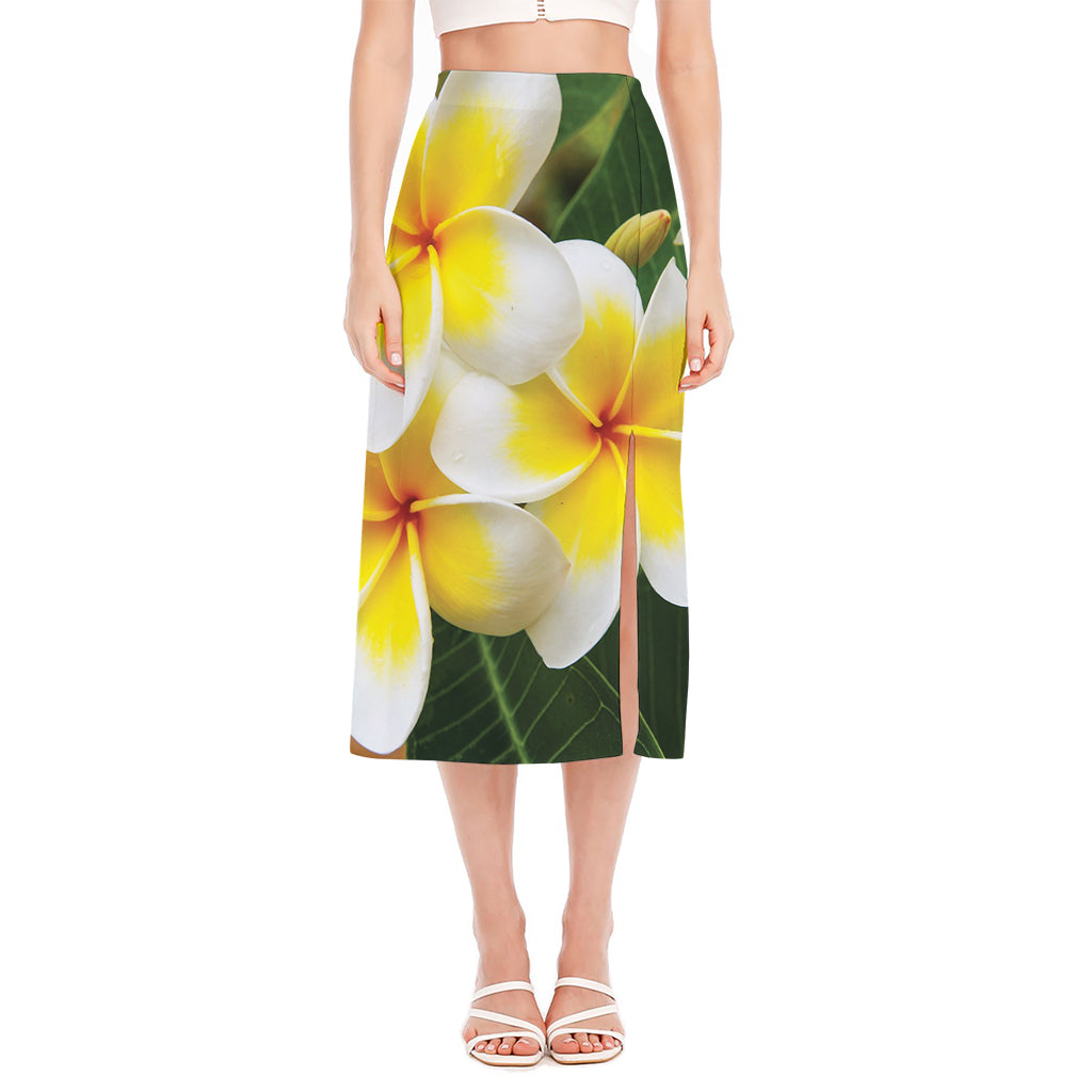 White And Yellow Plumeria Flower Print Side Slit Midi Skirt