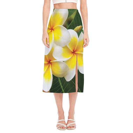 White And Yellow Plumeria Flower Print Side Slit Midi Skirt