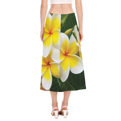 White And Yellow Plumeria Flower Print Side Slit Midi Skirt