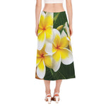 White And Yellow Plumeria Flower Print Side Slit Midi Skirt