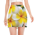 White And Yellow Plumeria Flower Print Side Slit Mini Skirt