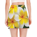 White And Yellow Plumeria Flower Print Side Slit Mini Skirt