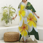 White And Yellow Plumeria Flower Print Silk V-Neck Kaftan Dress