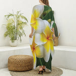 White And Yellow Plumeria Flower Print Silk V-Neck Kaftan Dress