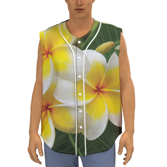 White And Yellow Plumeria Flower Print Sleeveless Baseball Jersey