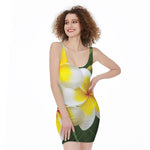 White And Yellow Plumeria Flower Print Sleeveless Bodycon Dress