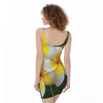 White And Yellow Plumeria Flower Print Sleeveless Bodycon Dress