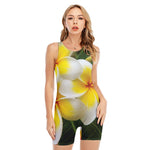 White And Yellow Plumeria Flower Print Sleeveless One Piece Swimsuit