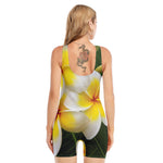 White And Yellow Plumeria Flower Print Sleeveless One Piece Swimsuit
