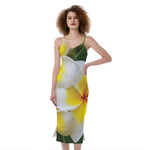 White And Yellow Plumeria Flower Print Slim Fit Midi Cami Dress