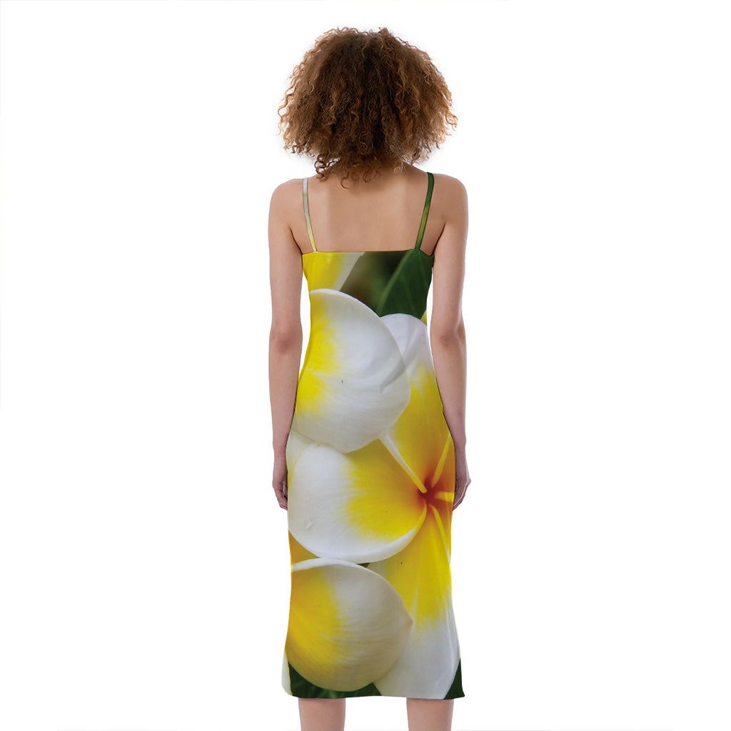 White And Yellow Plumeria Flower Print Slim Fit Midi Cami Dress