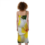 White And Yellow Plumeria Flower Print Slim Fit Midi Cami Dress
