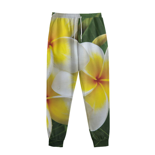 White And Yellow Plumeria Flower Print Sweatpants