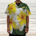 White And Yellow Plumeria Flower Print Textured Short Sleeve Shirt