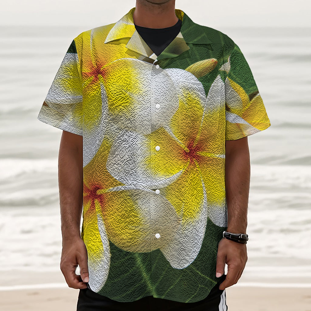 White And Yellow Plumeria Flower Print Textured Short Sleeve Shirt
