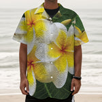 White And Yellow Plumeria Flower Print Textured Short Sleeve Shirt