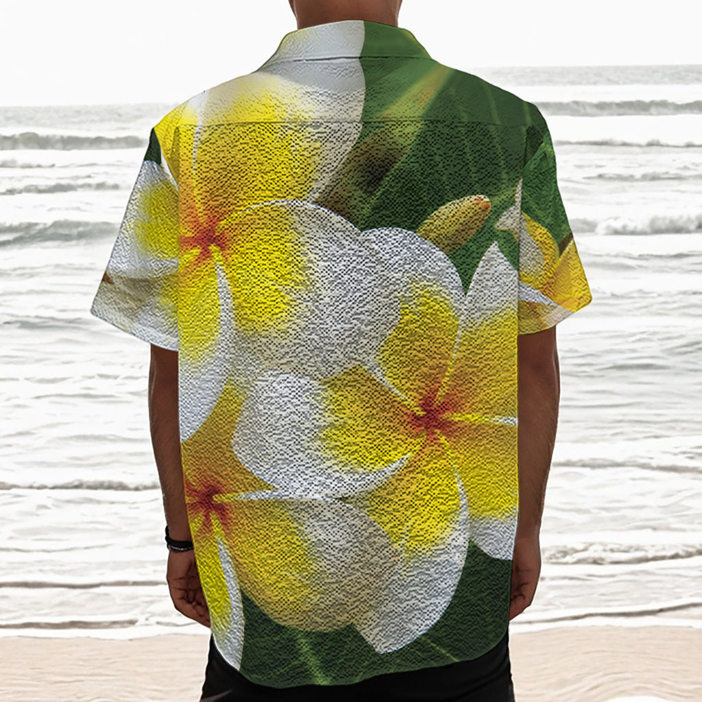 White And Yellow Plumeria Flower Print Textured Short Sleeve Shirt